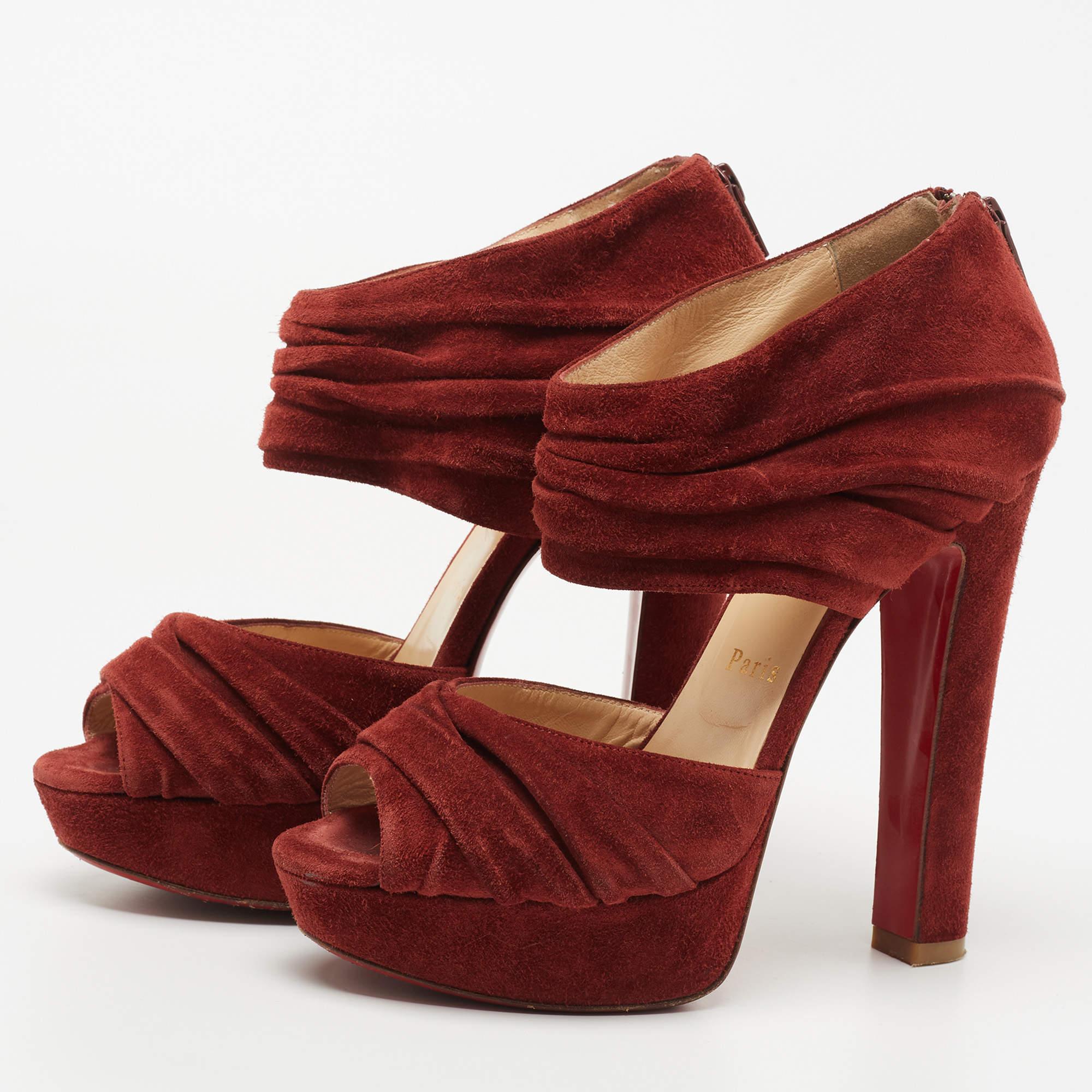 Christian Louboutin Rust Red Suede Pleated Bandra Zip Platform Sandals Size 37 In Good Condition For Sale In Dubai, Al Qouz 2
