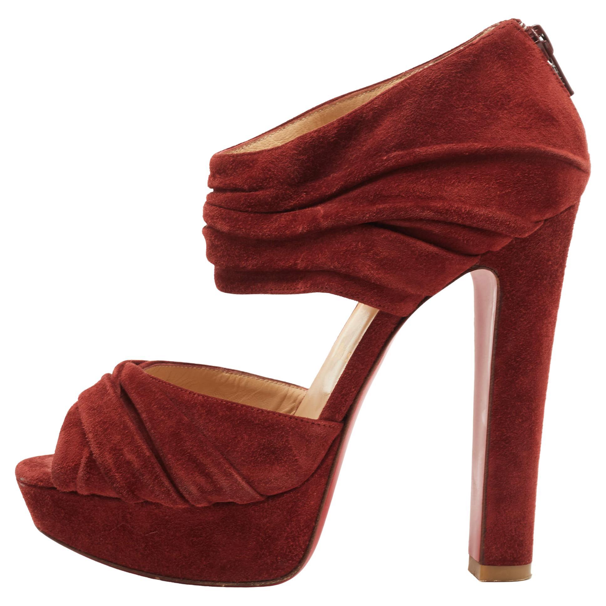 Christian Louboutin Rust Red Suede Pleated Bandra Zip Platform Sandals Size 37 For Sale
