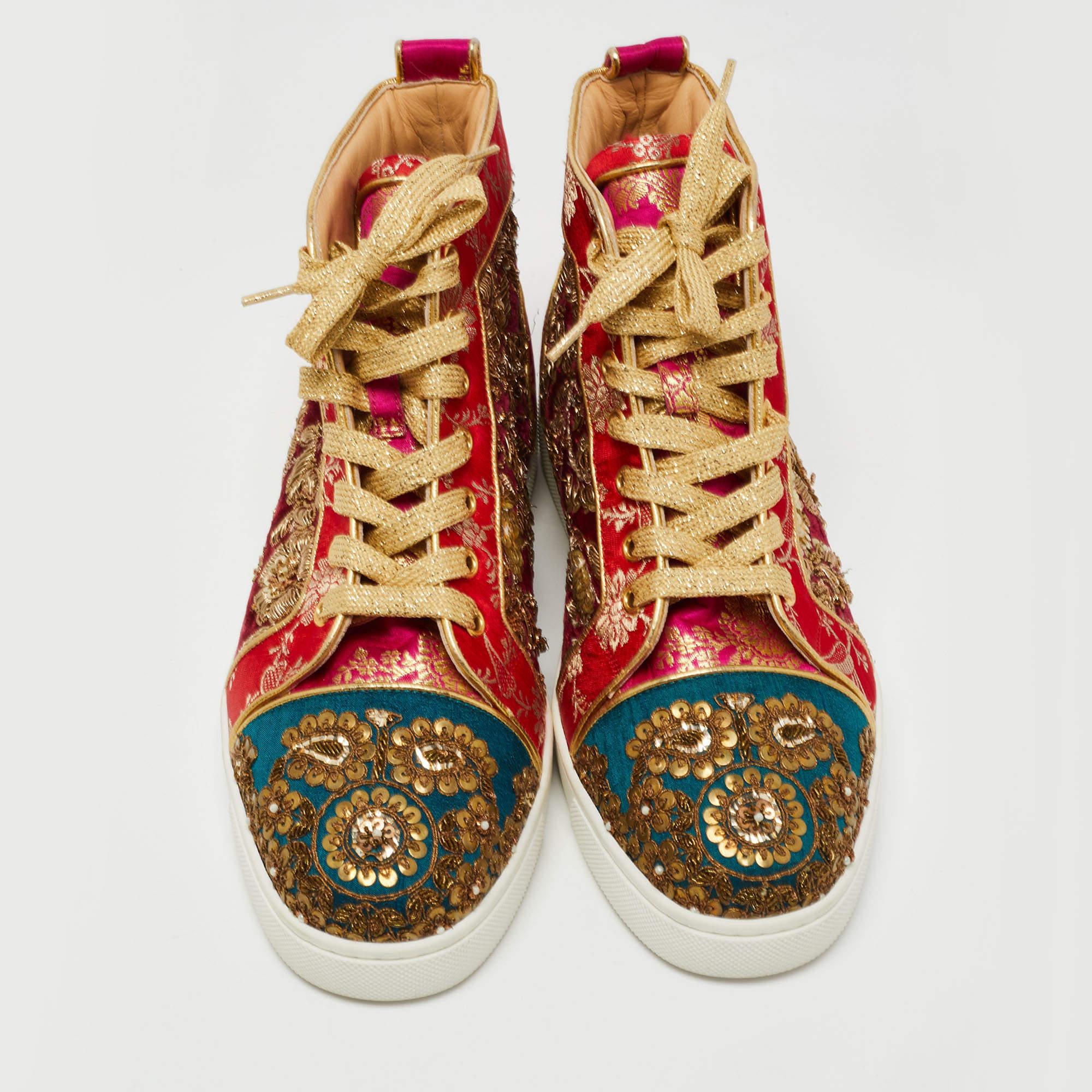 French designer shoemaker Christian Louboutin and India's most-loved couturier Sabyasachi Mukherjee came together for an exclusive capsule collection to create the most stunning footwear. Here is a high-top sneaker from the same line-up. It has been