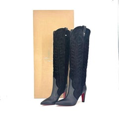 Christian Louboutin Santia Botta Black Western Knee High Pull On Boots 37