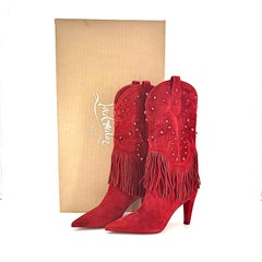 Christian Louboutin Santia Fringe 85 Fever Red Pull On Heeled Western Boots 41