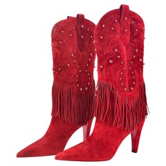 Christian Louboutin Santia Fringe 85 Fever Red Pull On Heeled Western Boots 41