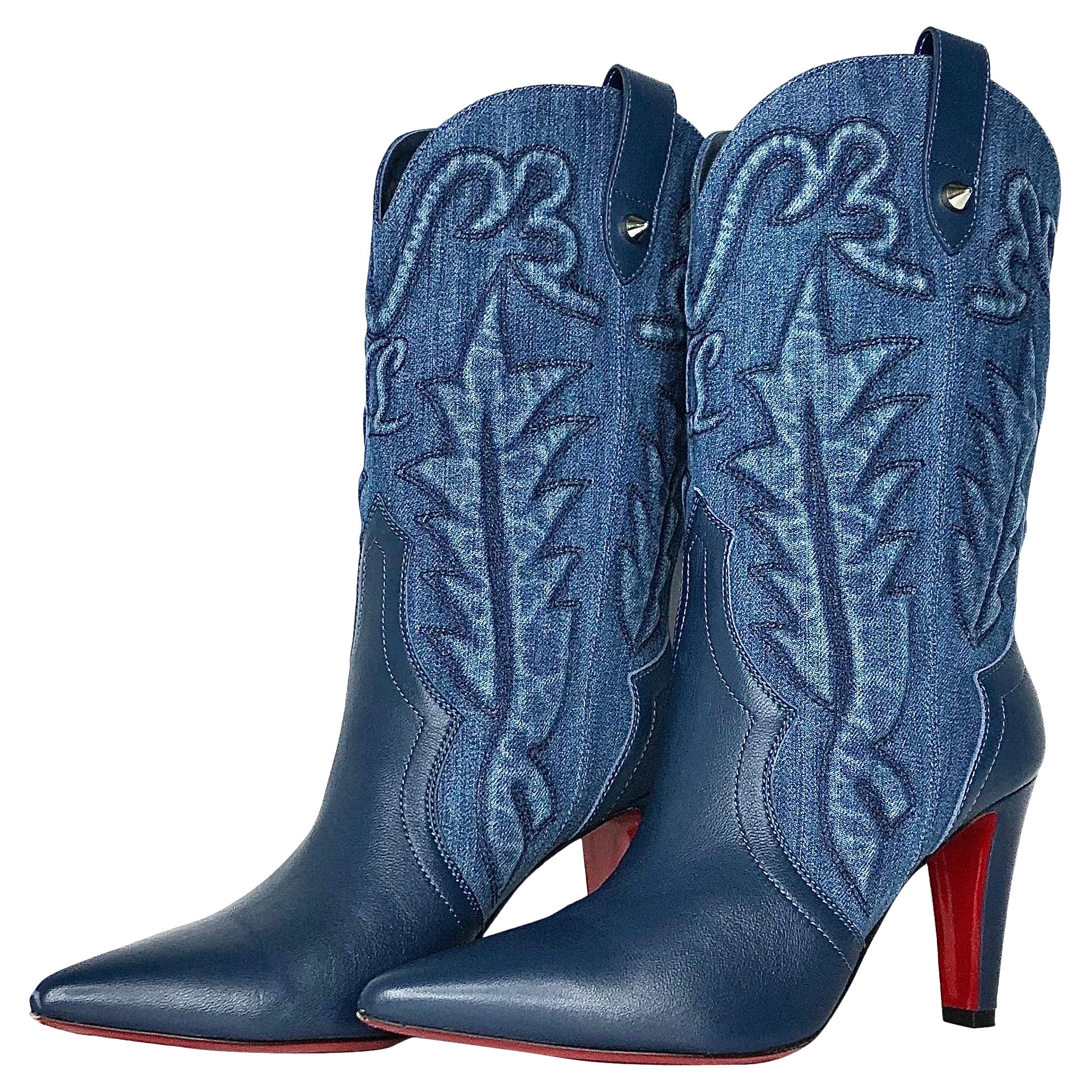 Christian Louboutin Santiabooty 85 Denim Embroidered Western Style Boots 38