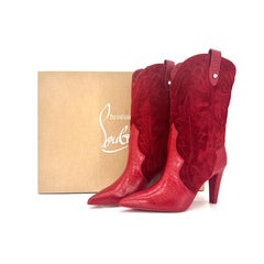 Christian Louboutin Santiabooty 85 Fever Red Embroidered Western Boots 38.5