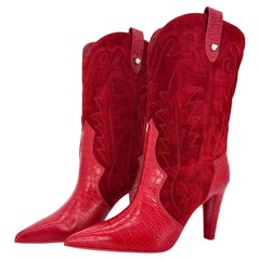 Christian Louboutin Santiabooty 85 Fever Red Embroidered Western Boots 38.5