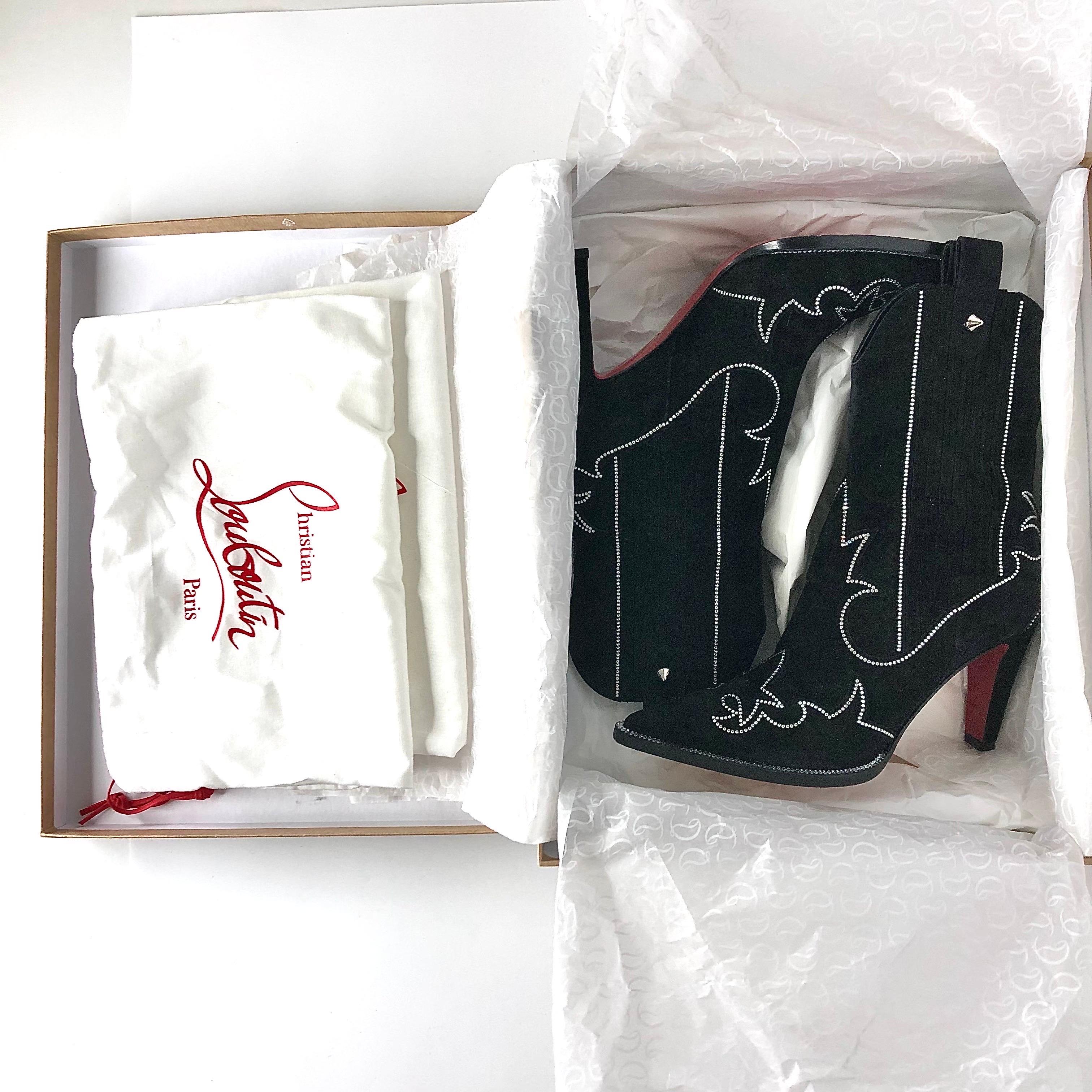 Christian Louboutin Santigag Strass 85 Stivali bassi in camoscio nero stile western 38 in vendita 5
