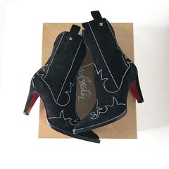 Christian Louboutin Santigag Strass 85 Black Suede Western Style Low Boots 38