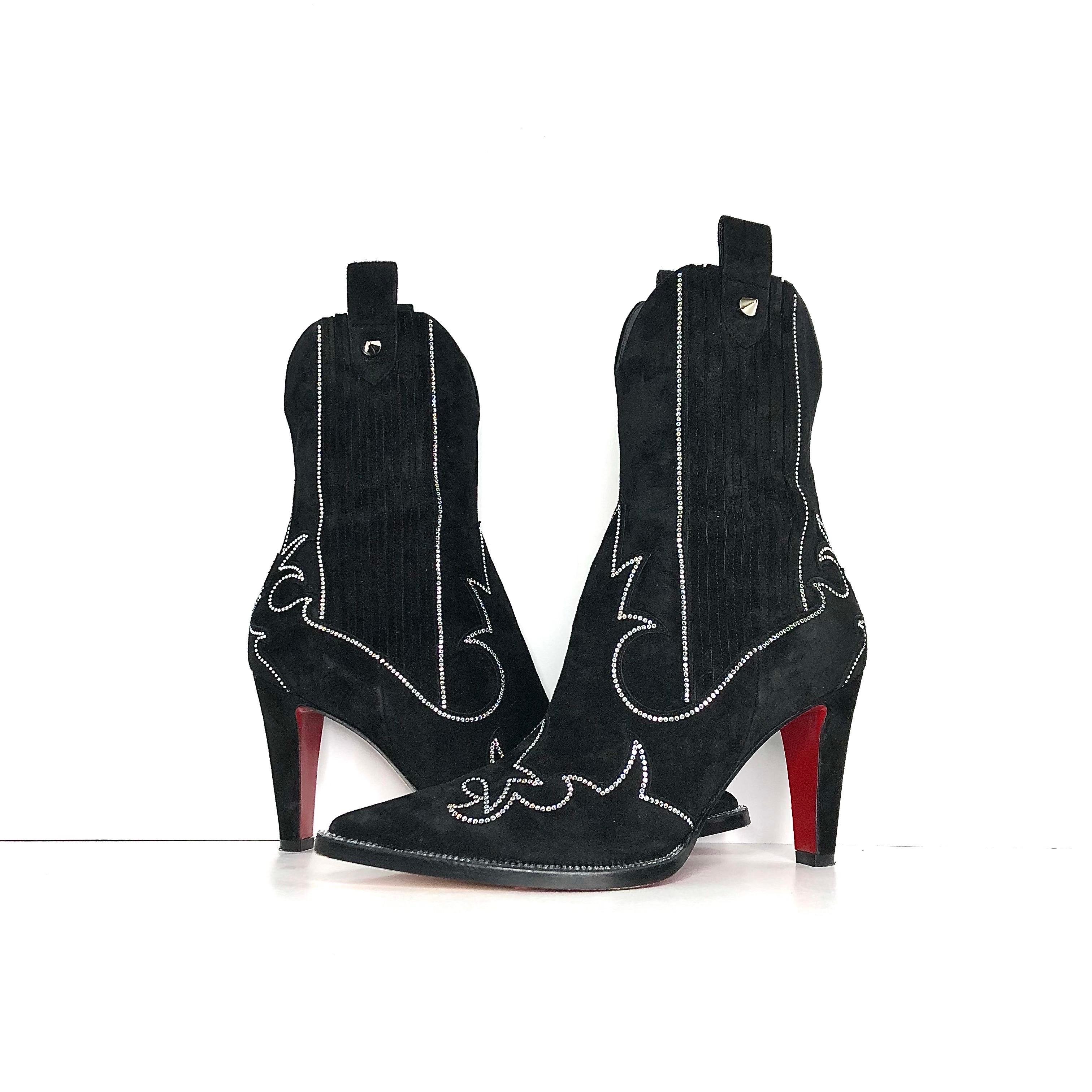 Nero Christian Louboutin Santigag Strass 85 Stivali bassi in camoscio nero stile western 38 in vendita