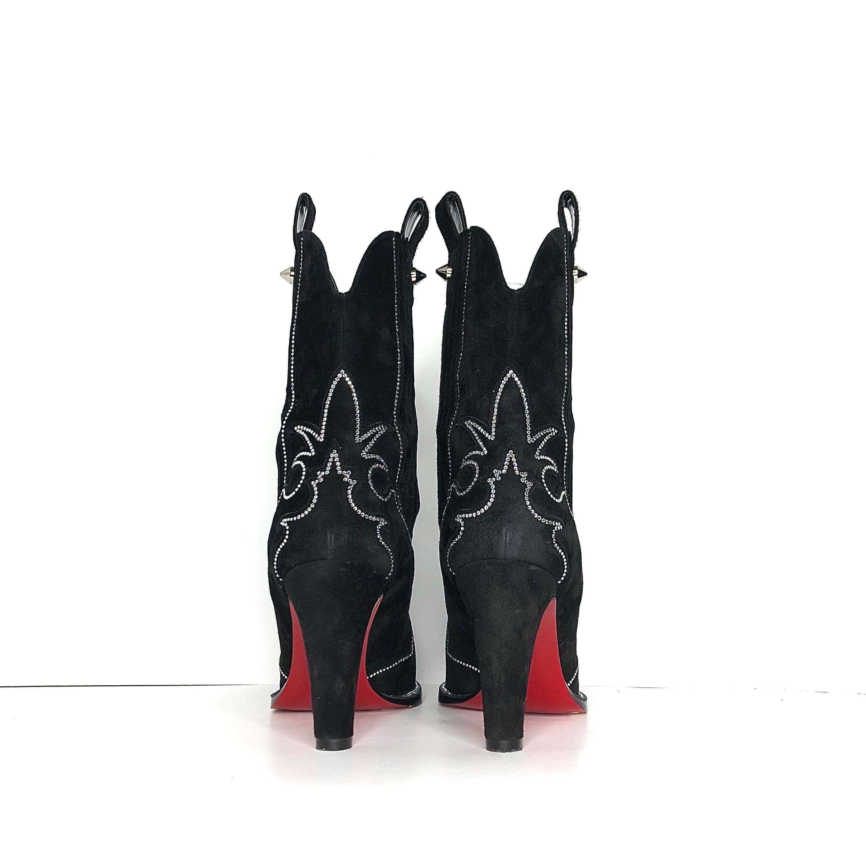Donna Christian Louboutin Santigag Strass 85 Stivali bassi in camoscio nero stile western 38 in vendita