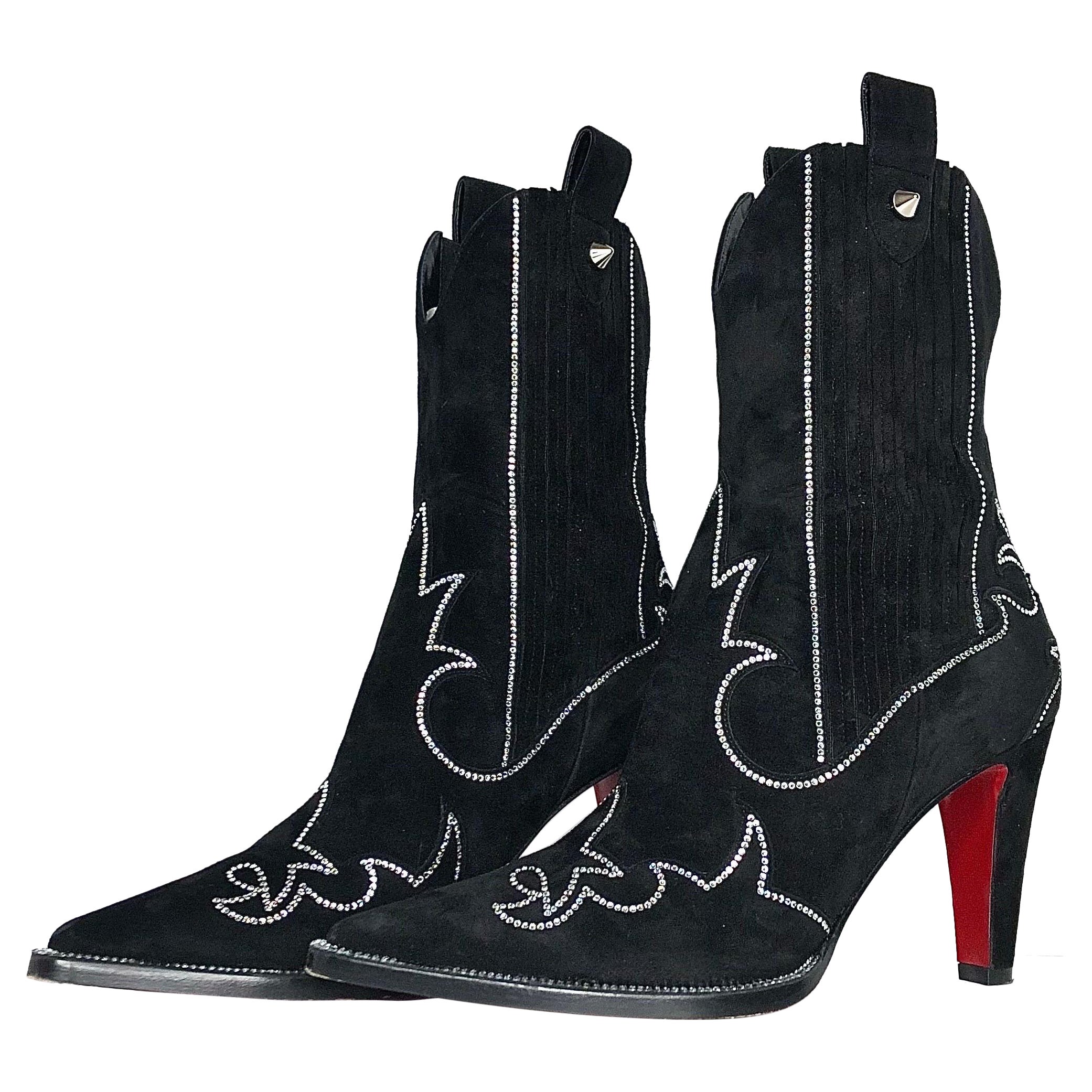 Christian Louboutin Santigag Strass 85 Botas bajas estilo western de ante negro 38