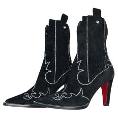 Christian Louboutin Santigag Strass 85 Black Suede Western Style Low Boots 38