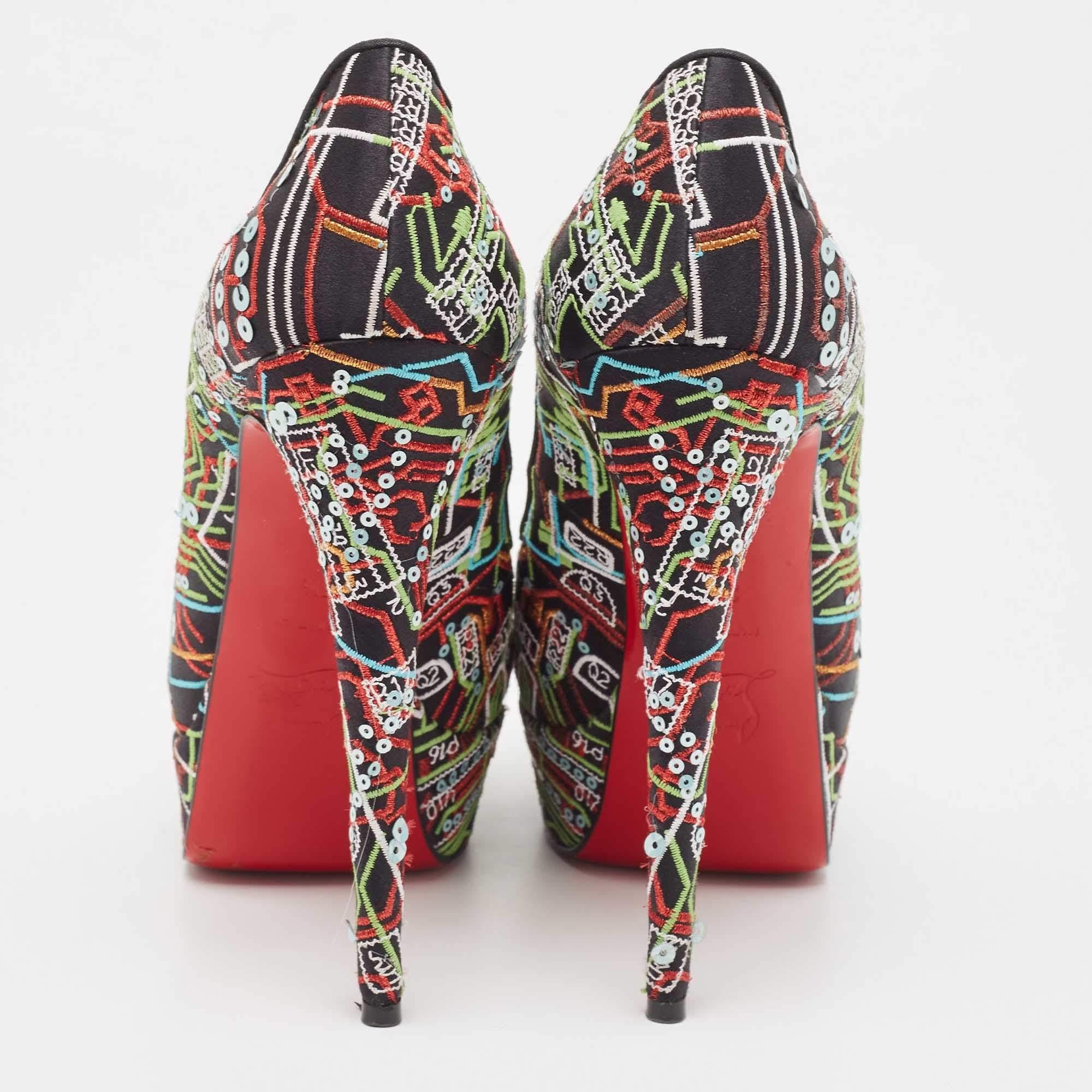 Christian Louboutin Satin and Sequin Embellishments Lady Peep Toe Pumps Size In Good Condition For Sale In Dubai, Al Qouz 2