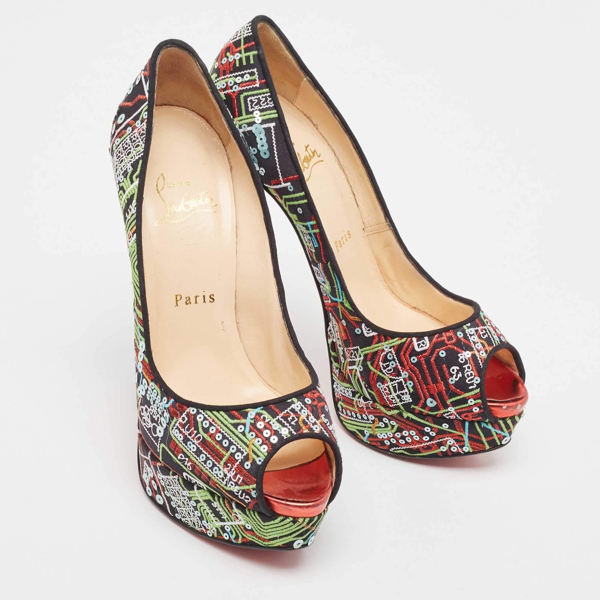 Women's Christian Louboutin Satin and Sequin Embellishments Lady Peep Toe Pumps Size For Sale