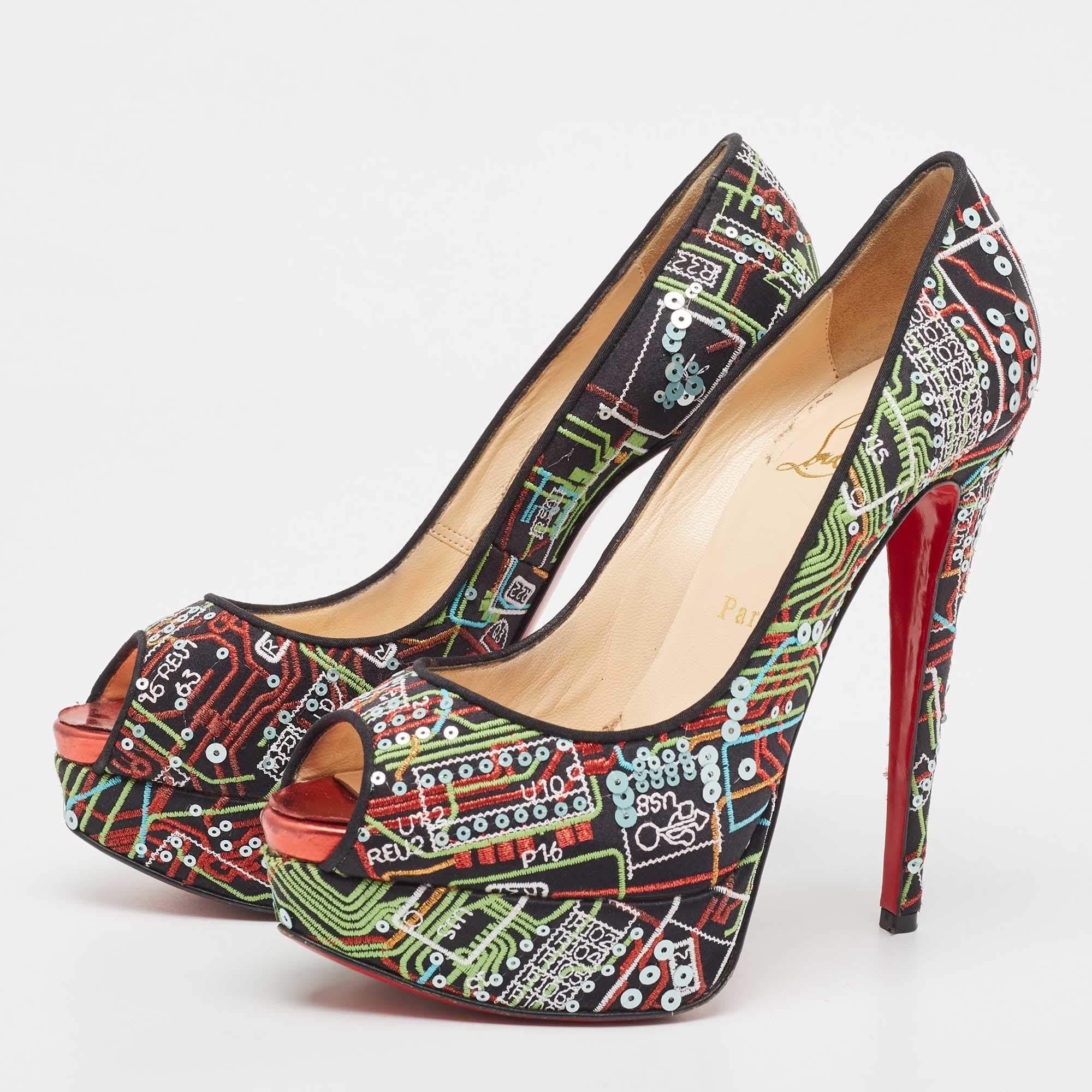 Christian Louboutin Satin and Sequin Embellishments Lady Peep Toe Pumps Size For Sale 4