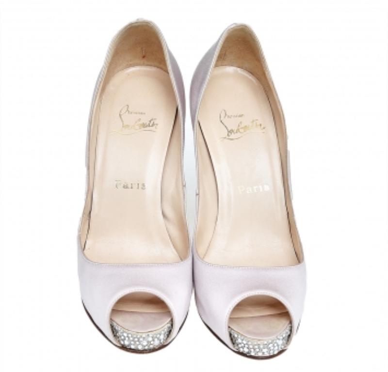 Christian Louboutin Satin Crystal Embellished Peep Toe Platform Pumps Size 38 In Good Condition In Dubai, Al Qouz 2