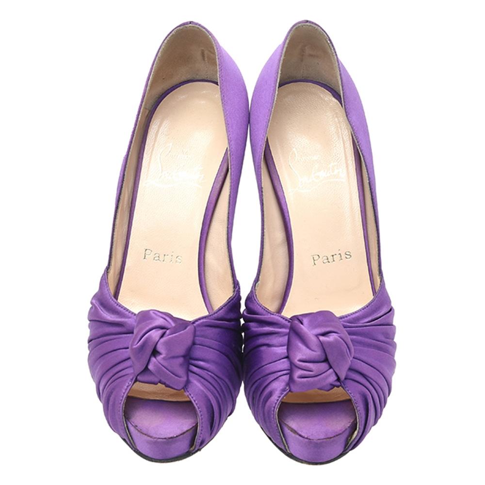 Purple Christian Louboutin Satin Knotted Greissimo Platform Peep Toe Pumps Size 38 For Sale