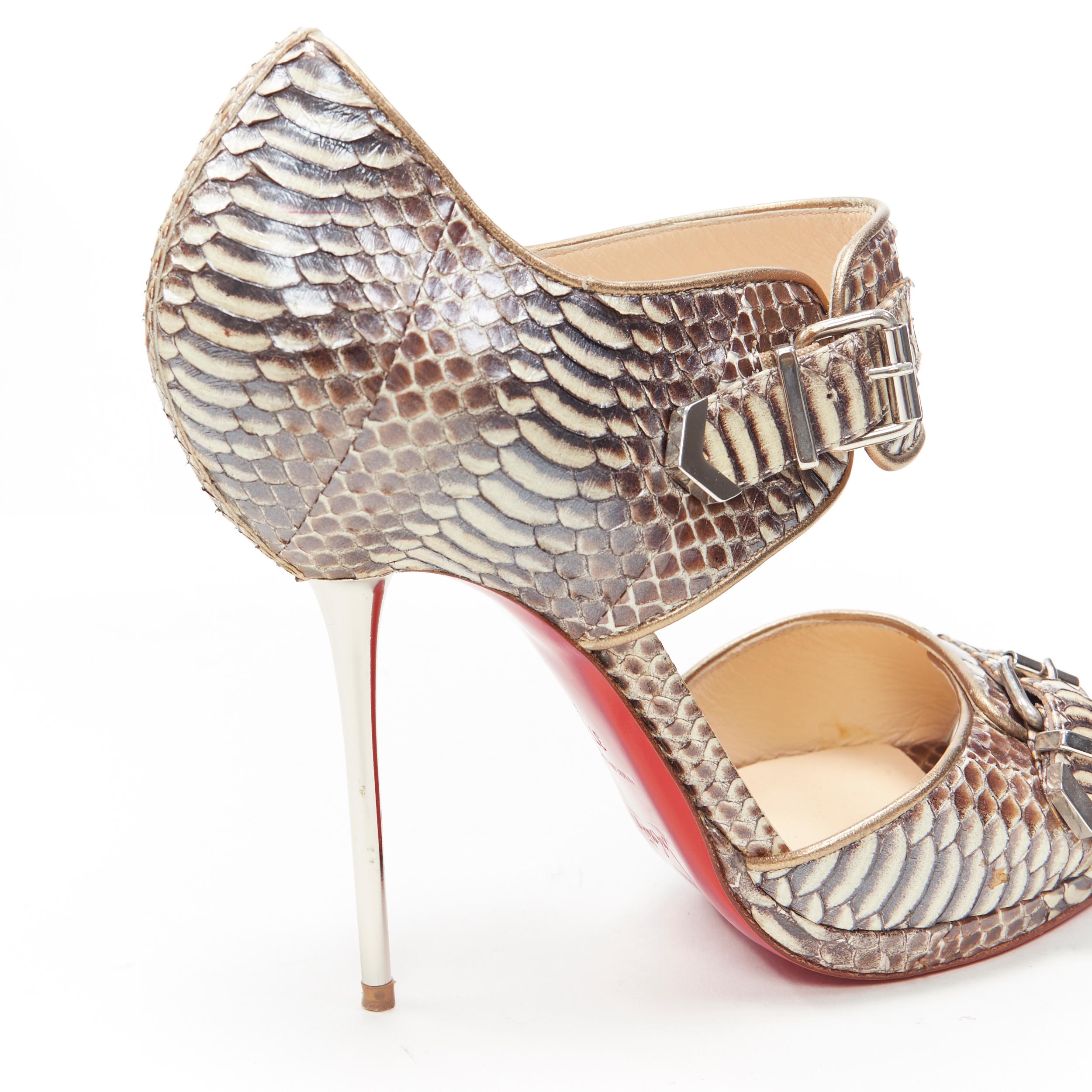 CHRISTIAN LOUBOUTIN scaled leather buckle strap metal pin heel sandals EU37 5