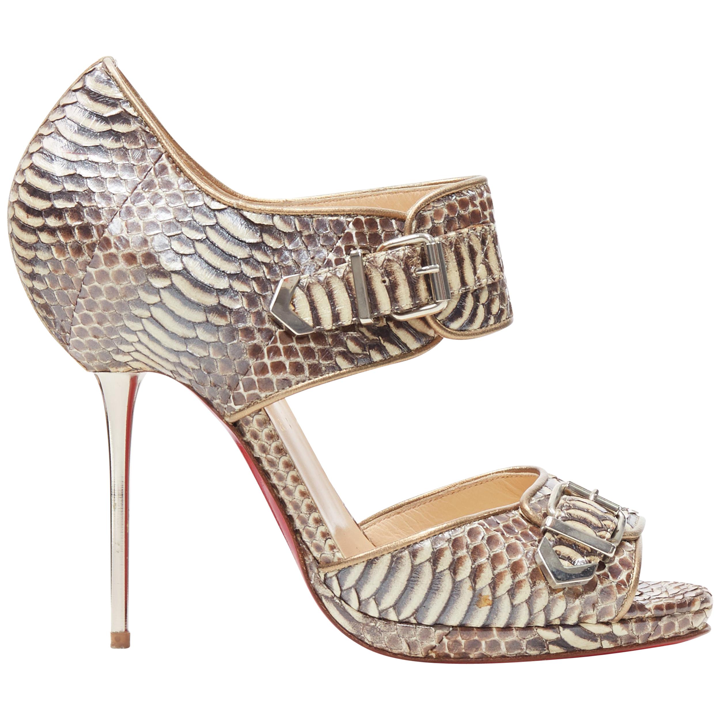 CHRISTIAN LOUBOUTIN scaled leather buckle strap metal pin heel sandals EU37