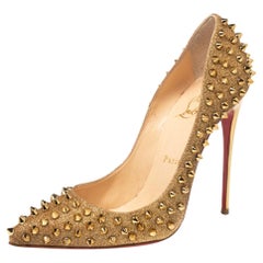 Christian Louboutin Shimmery Gold Glitter Pigalle Spikes Pumps Size 38.5