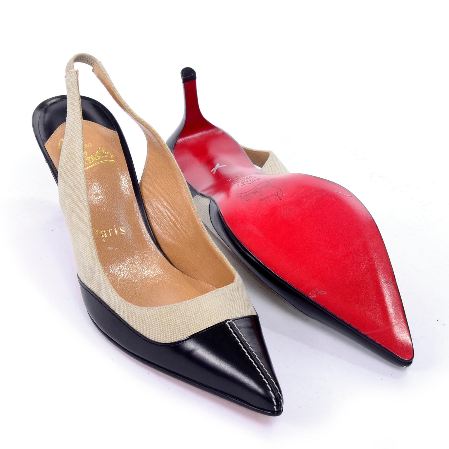 Beige Christian Louboutin Shoes Slingback Heels in Two Tone Black & Natural Size 38.5