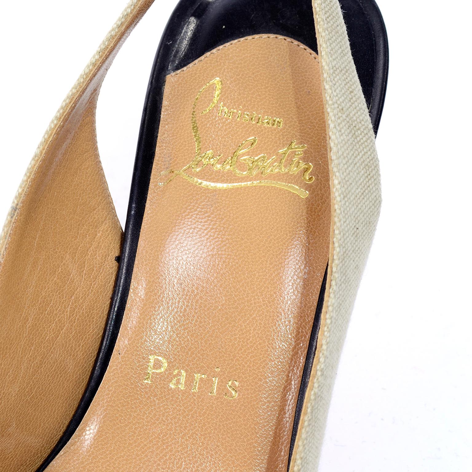 Women's Christian Louboutin Shoes Slingback Heels in Two Tone Black & Natural Size 38.5