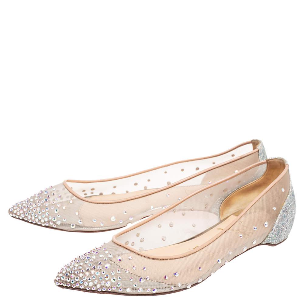 Women's Christian Louboutin Silver/Beige Glitter Follies Strass Ballet Flats Size 35.5