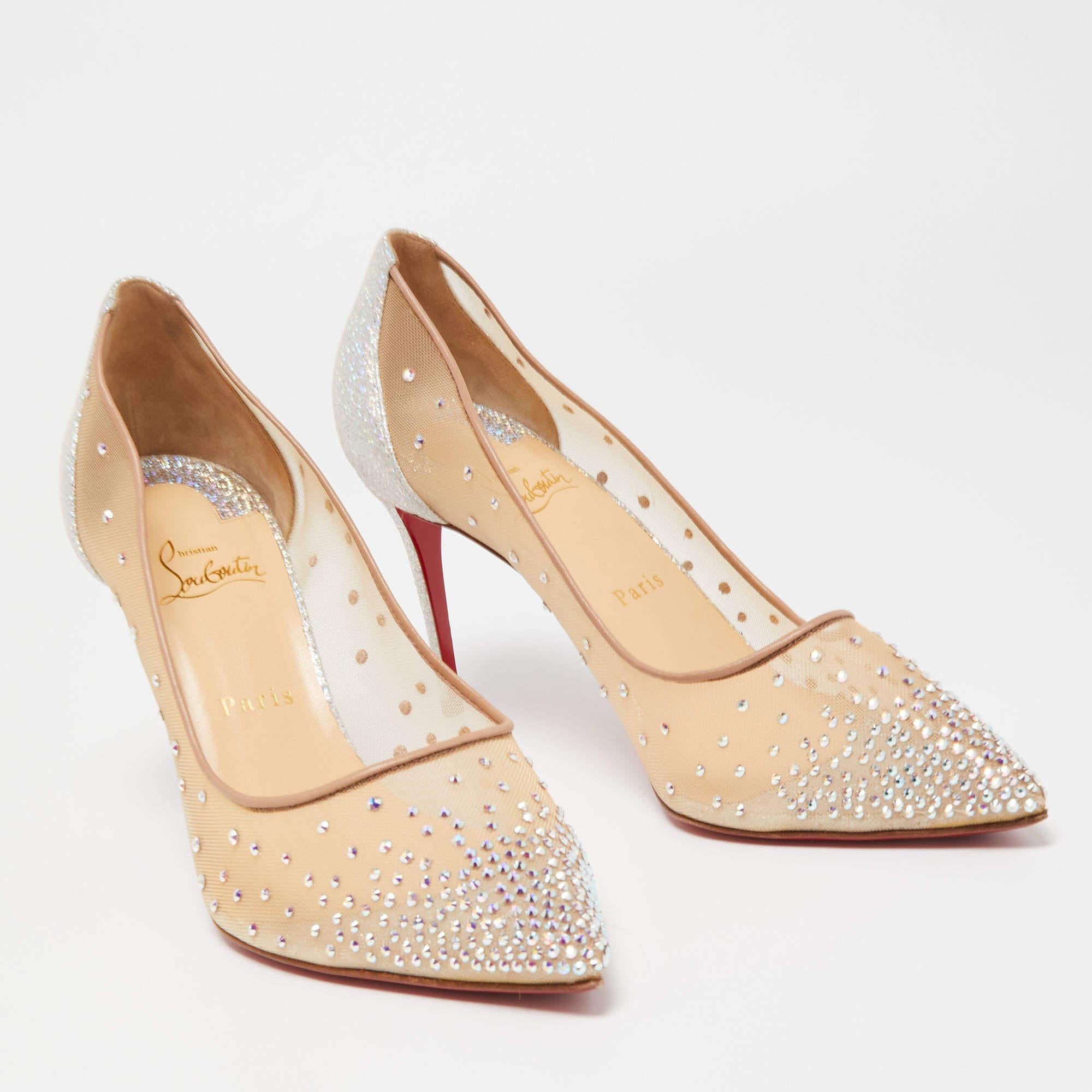 Women's Christian Louboutin Silver/Beige Mesh and Texture Leather Follies Pumps 