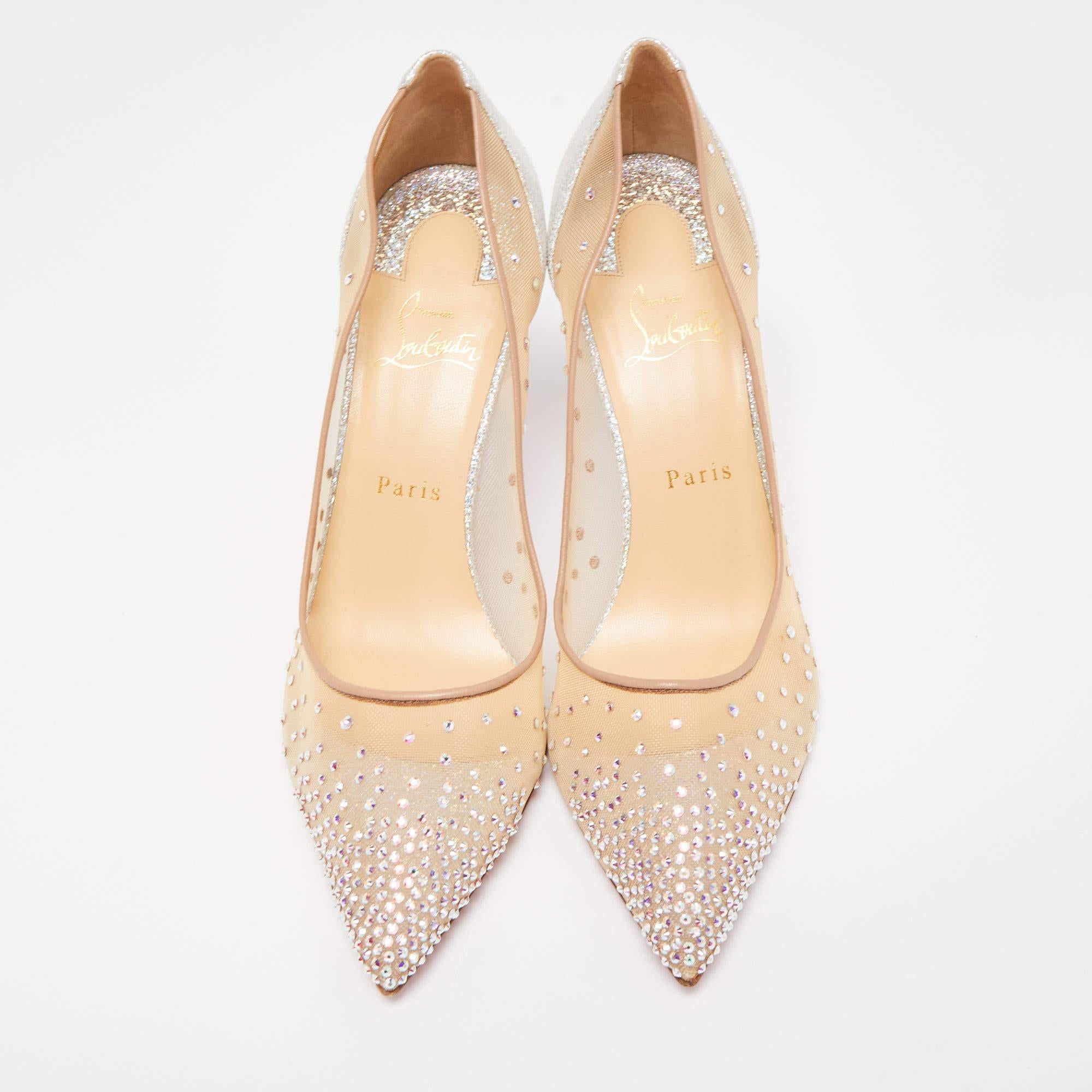 Christian Louboutin Silver/Beige Mesh and Texture Leather Follies Pumps  2