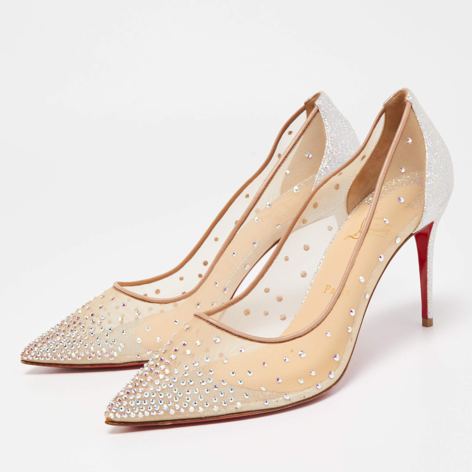Christian Louboutin Silver/Beige Mesh and Texture Leather Follies Pumps  3