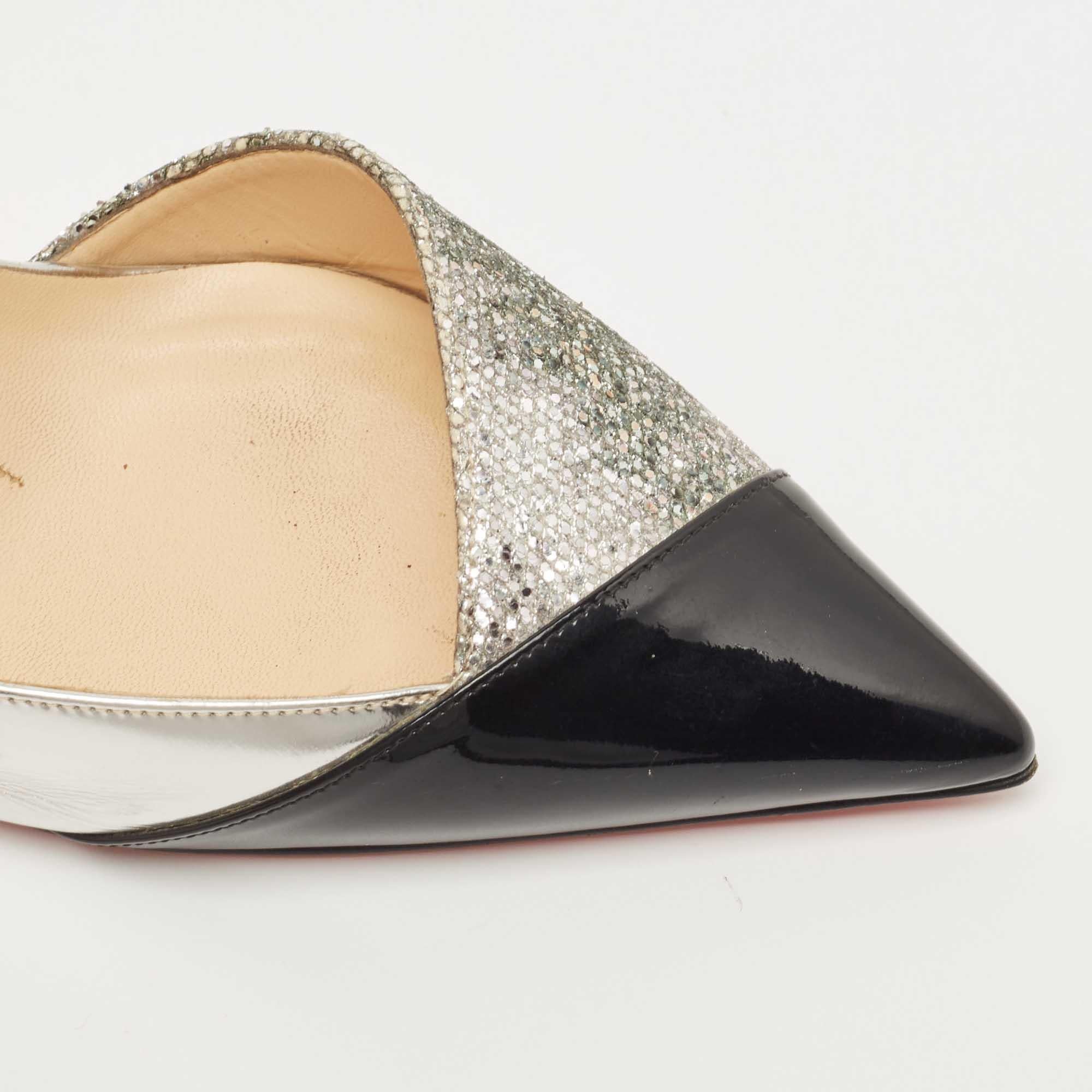 Gray Christian Louboutin Silver/Black Patent and Glitter Tac Clac Pumps  For Sale