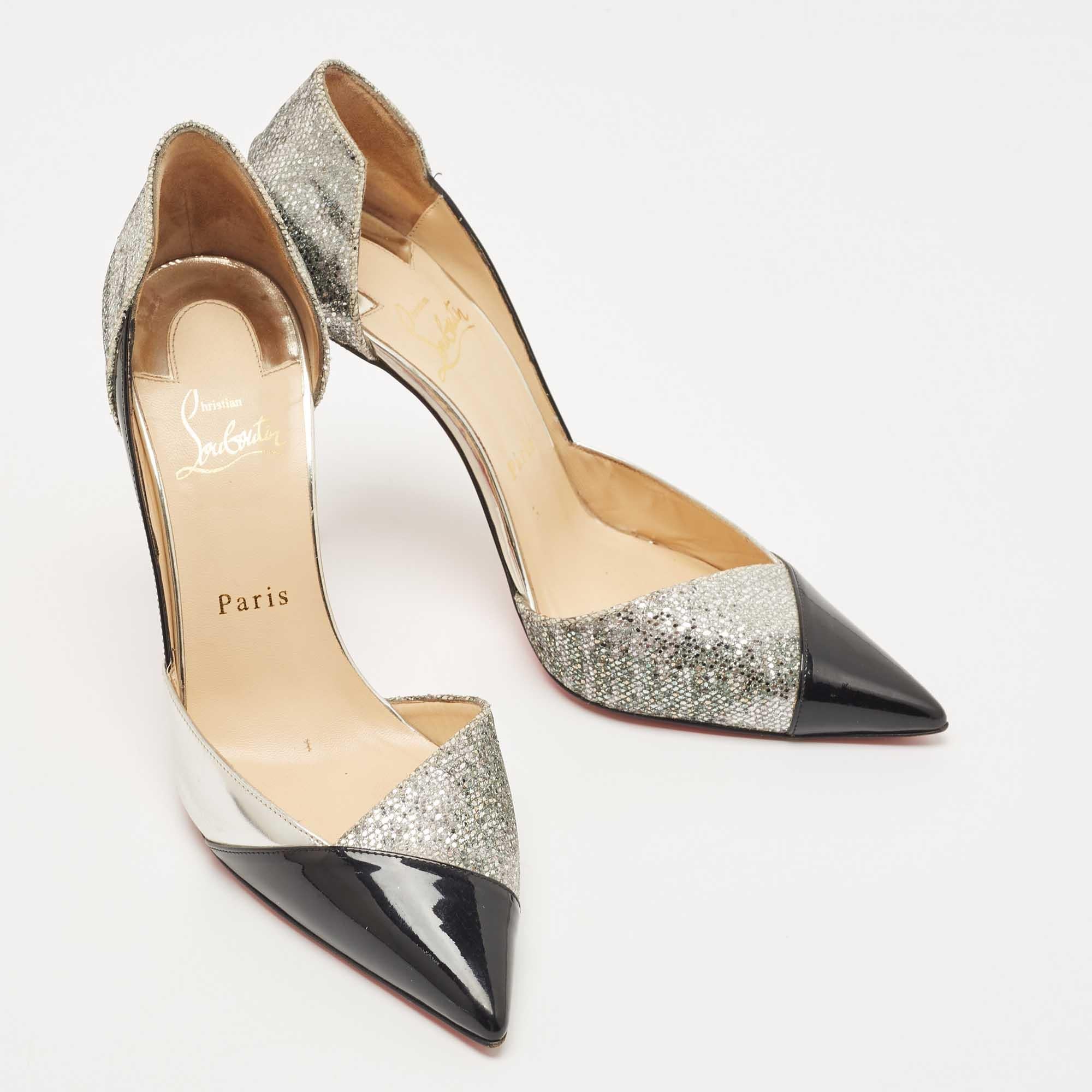 Women's Christian Louboutin Silver/Black Patent and Glitter Tac Clac Pumps  For Sale