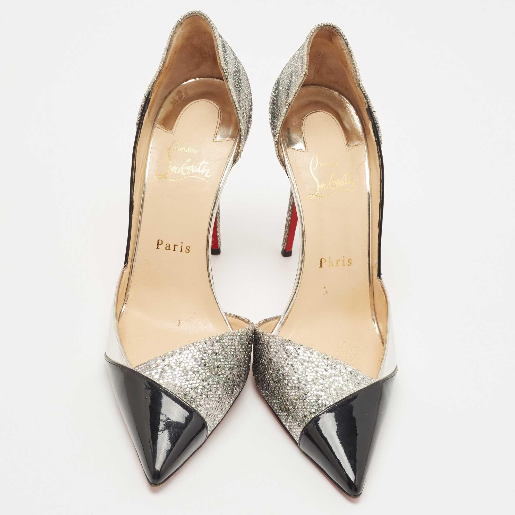 Christian Louboutin Silver/Black Patent and Glitter Tac Clac Pumps  For Sale 1