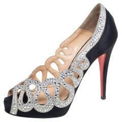 Christian Louboutin Silver/Black Satin And Cut Out Peep Toe Pumps Size 36.5
