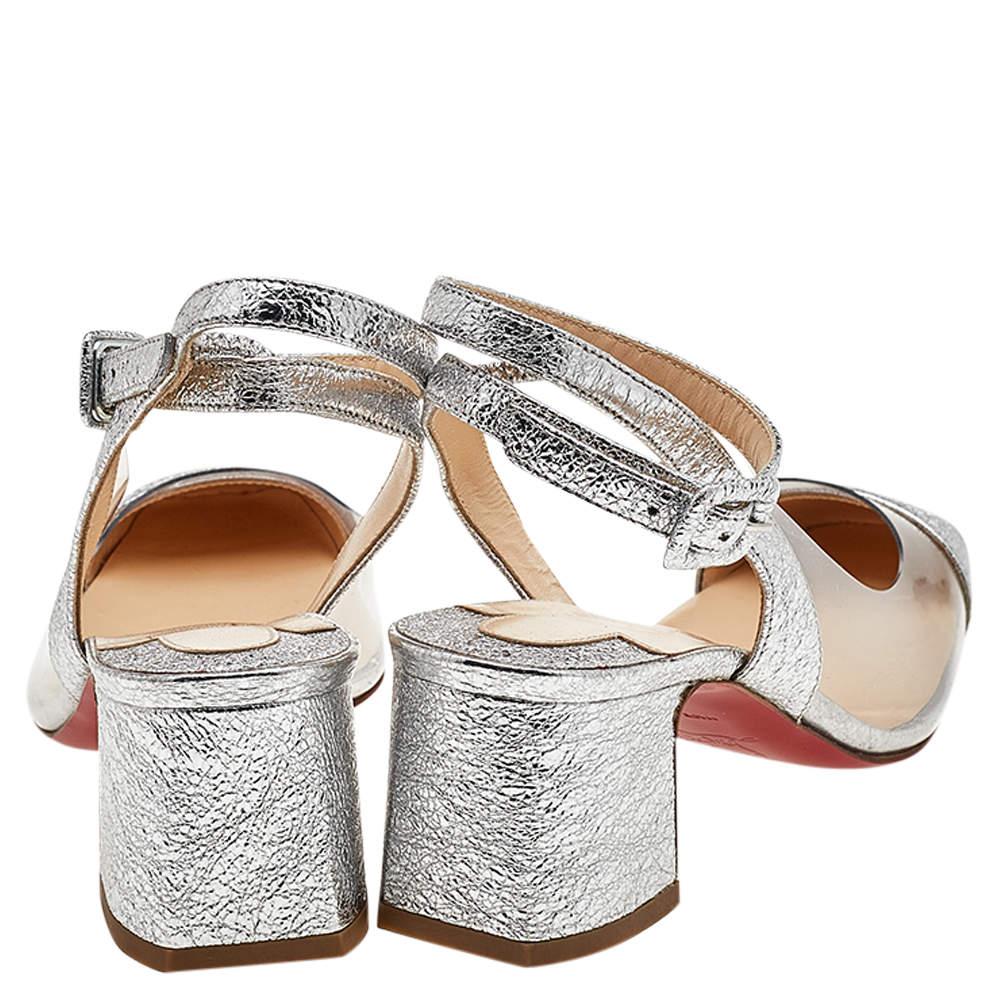 Christian Louboutin Silver Crinkled Leather And PVC Asticocotte Ankle Strap  In Good Condition For Sale In Dubai, Al Qouz 2