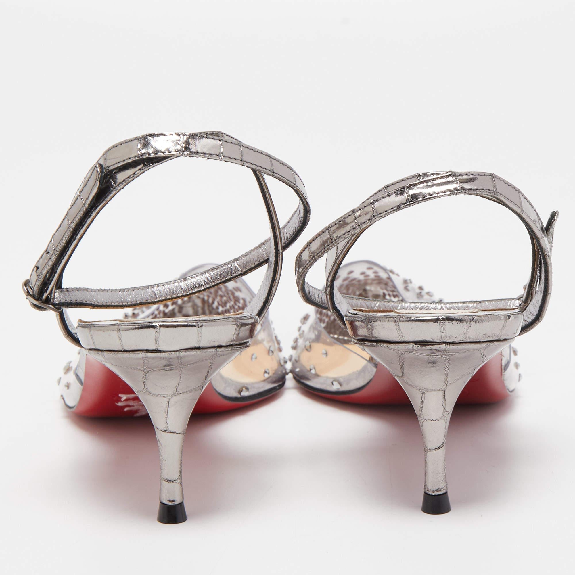 Christian Louboutin Silver Croc Embossed Leather and PVC Spikaqueen Ankle Strap In Excellent Condition In Dubai, Al Qouz 2