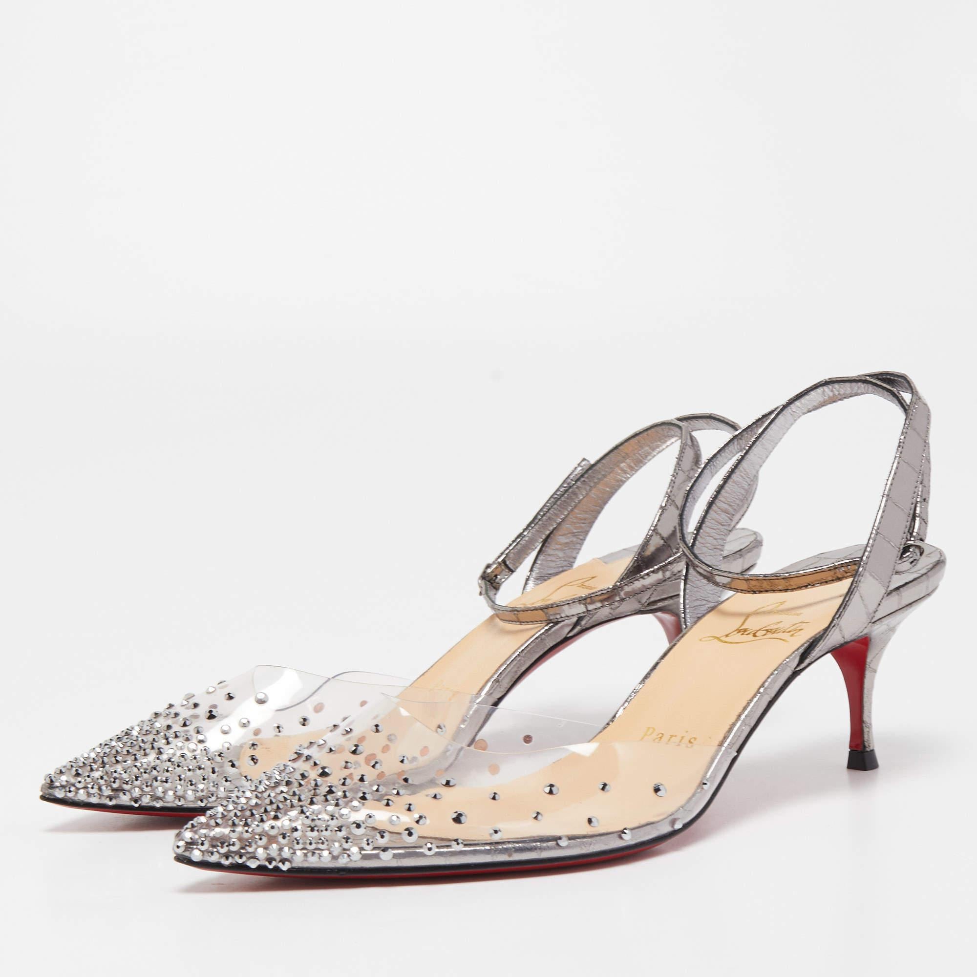 Women's Christian Louboutin Silver Croc Embossed Leather and PVC Spikaqueen Ankle Strap 