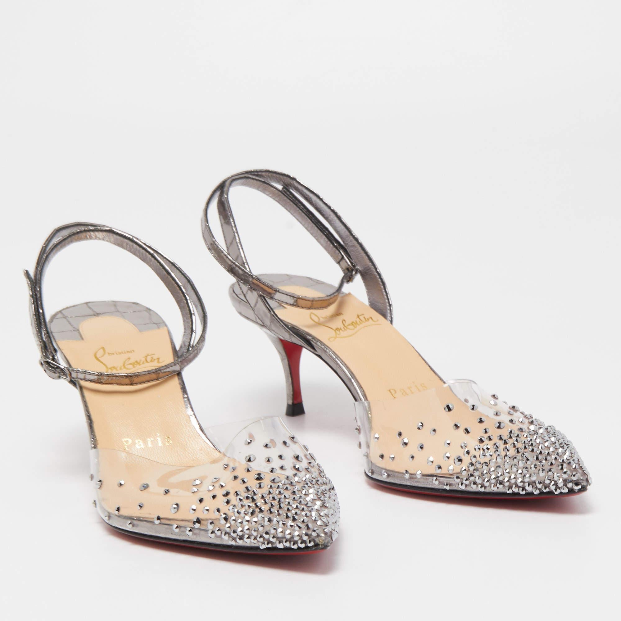 Christian Louboutin Silver Croc Embossed Leather and PVC Spikaqueen Ankle Strap  1