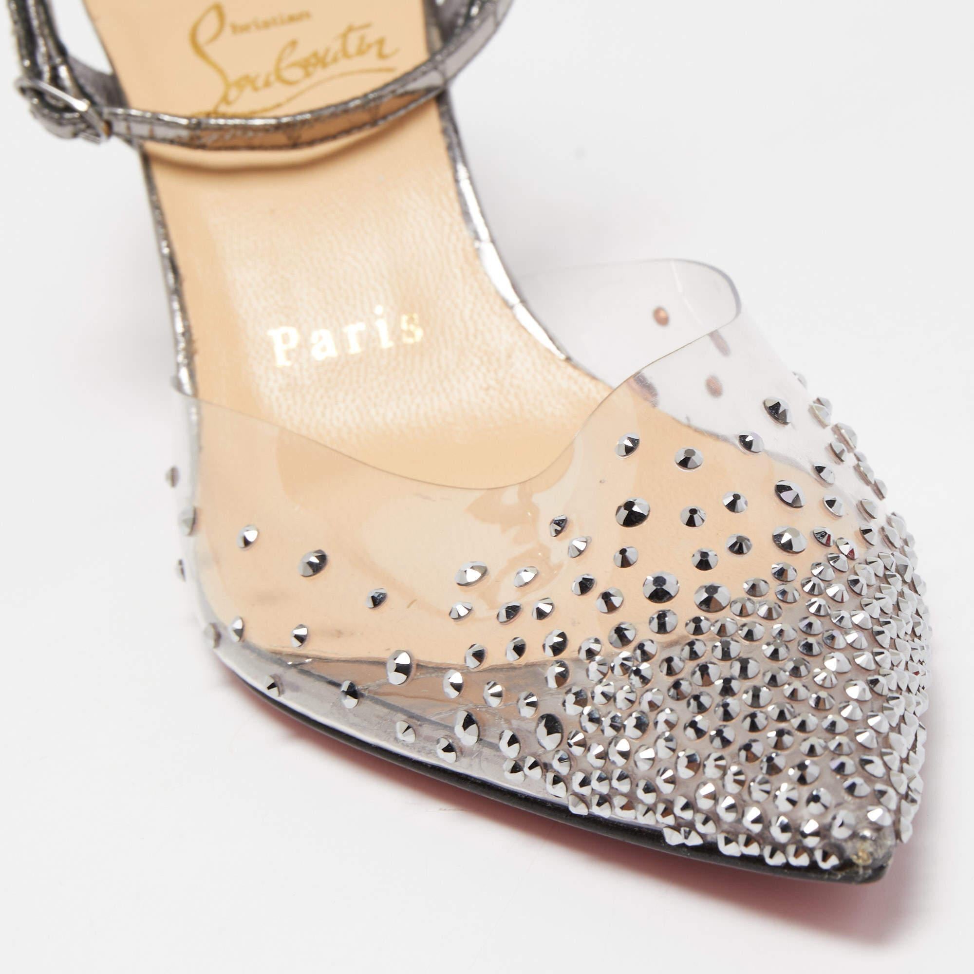 Christian Louboutin Silver Croc Embossed Leather and PVC Spikaqueen Ankle Strap  3