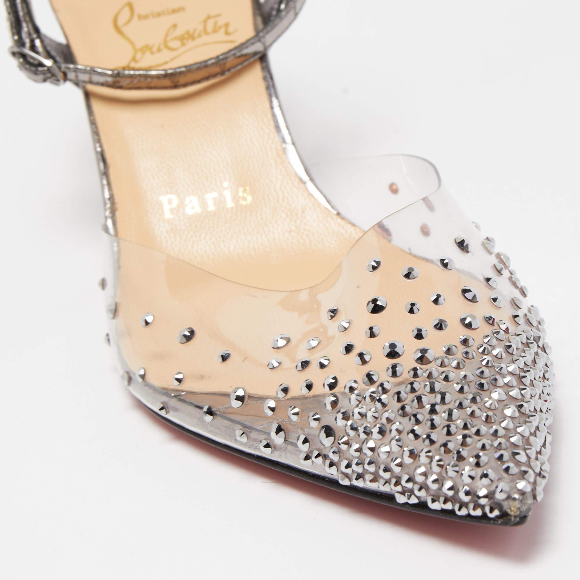Christian Louboutin Silver Croc Embossed Leather and PVC Spikaqueen Ankle Strap 3