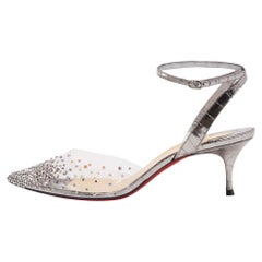 Christian Louboutin Silver Croc Embossed Leather and PVC Spikaqueen Ankle Strap 
