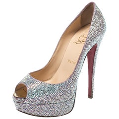 Christian Louboutin Silver Crystal Embellished Lady Peep Toe Platform Size 38