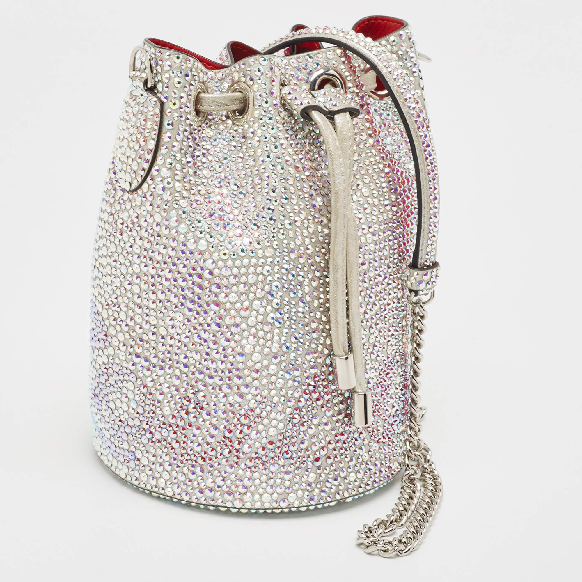 Christian Louboutin Silver Crystal Embellished Leather Marie Jane Bucket Bag In Good Condition For Sale In Dubai, Al Qouz 2