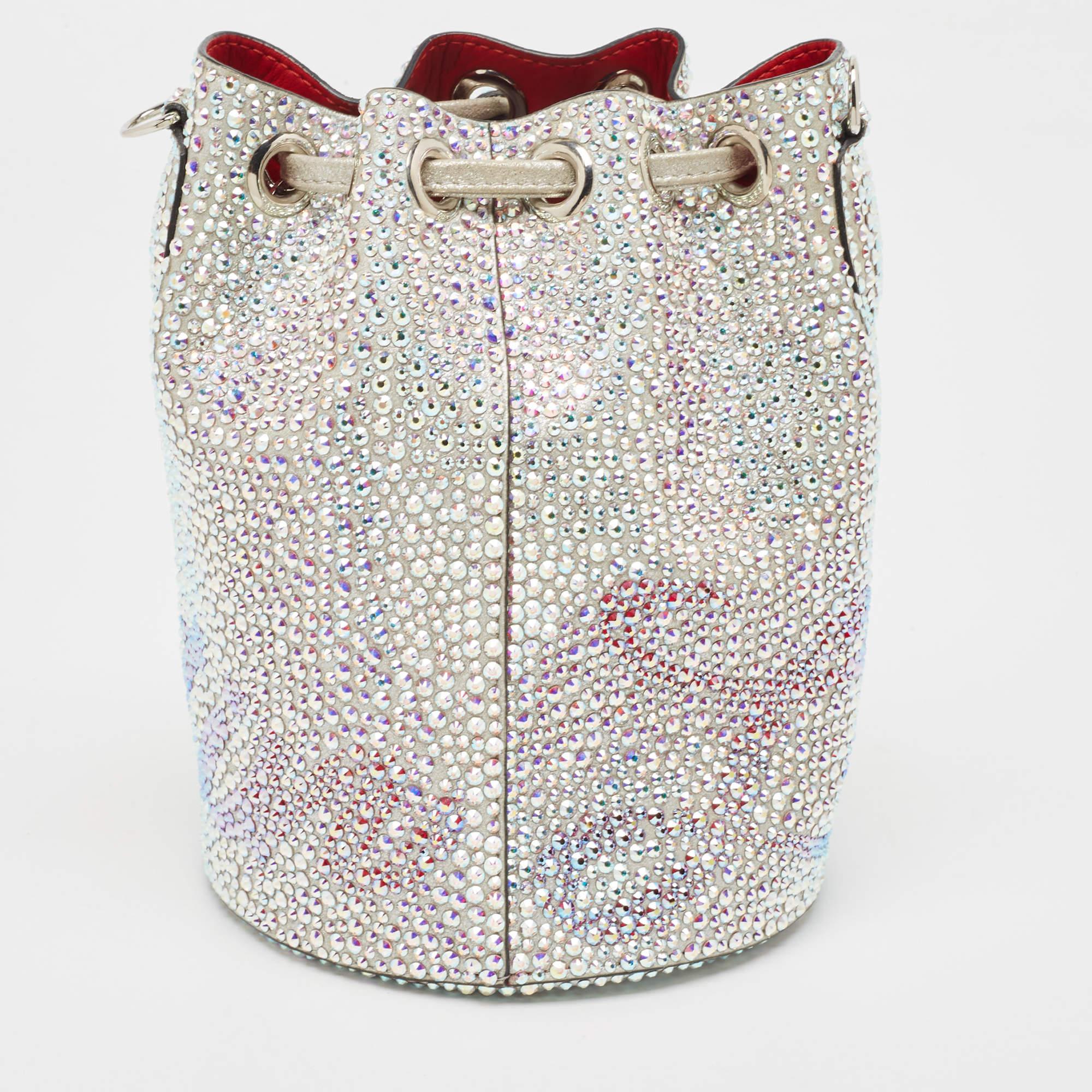 Christian Louboutin Silver Crystal Embellished Leather Marie Jane Bucket Bag For Sale 5