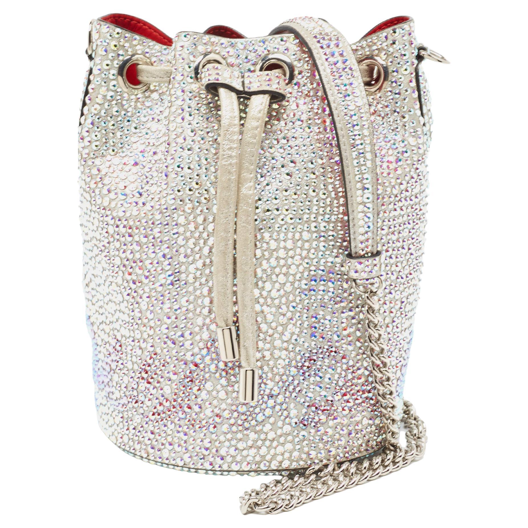 Christian Louboutin Silver Crystal Embellished Leather Marie Jane Bucket Bag For Sale