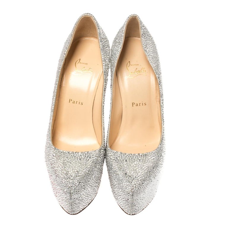Christian Louboutin Silver Crystal Embellished Suede Daffodile Pumps