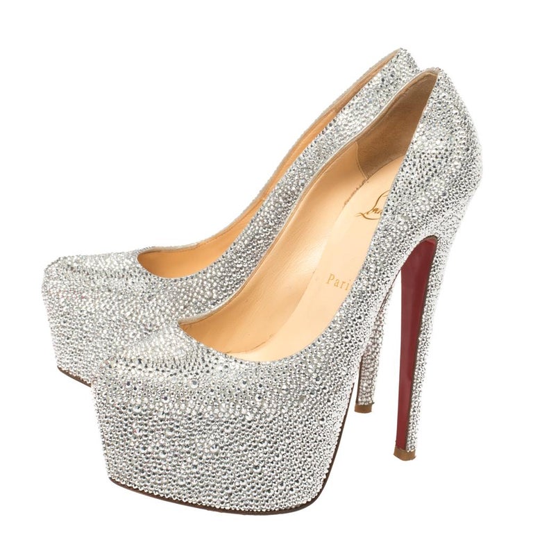 Christian Louboutin Silver Crystal Embellished Suede Daffodile Pumps Size  39 at 1stDibs