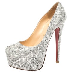 Christian Louboutin Silver Crystal Embellished Suede Daffodile Pumps Size 39