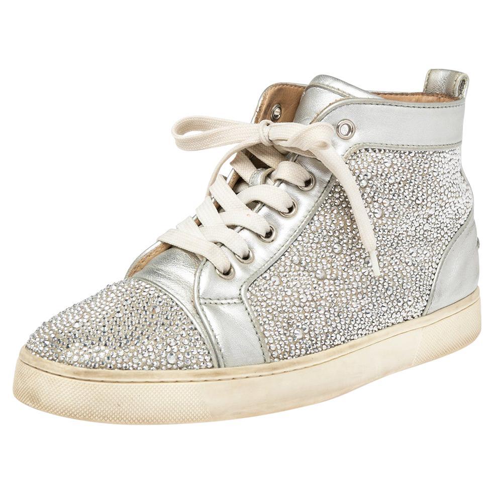 Christian Louboutin Silver Crystal Louis Spikes High-Top Sneakers Size 38.5 For Sale