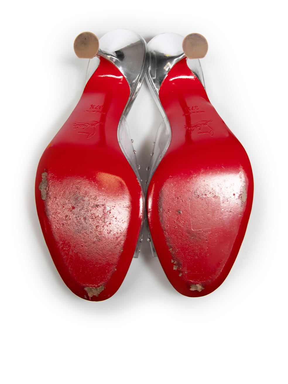 Women's Christian Louboutin Silver Degramule 85 Embellished Mules Size IT 37.5