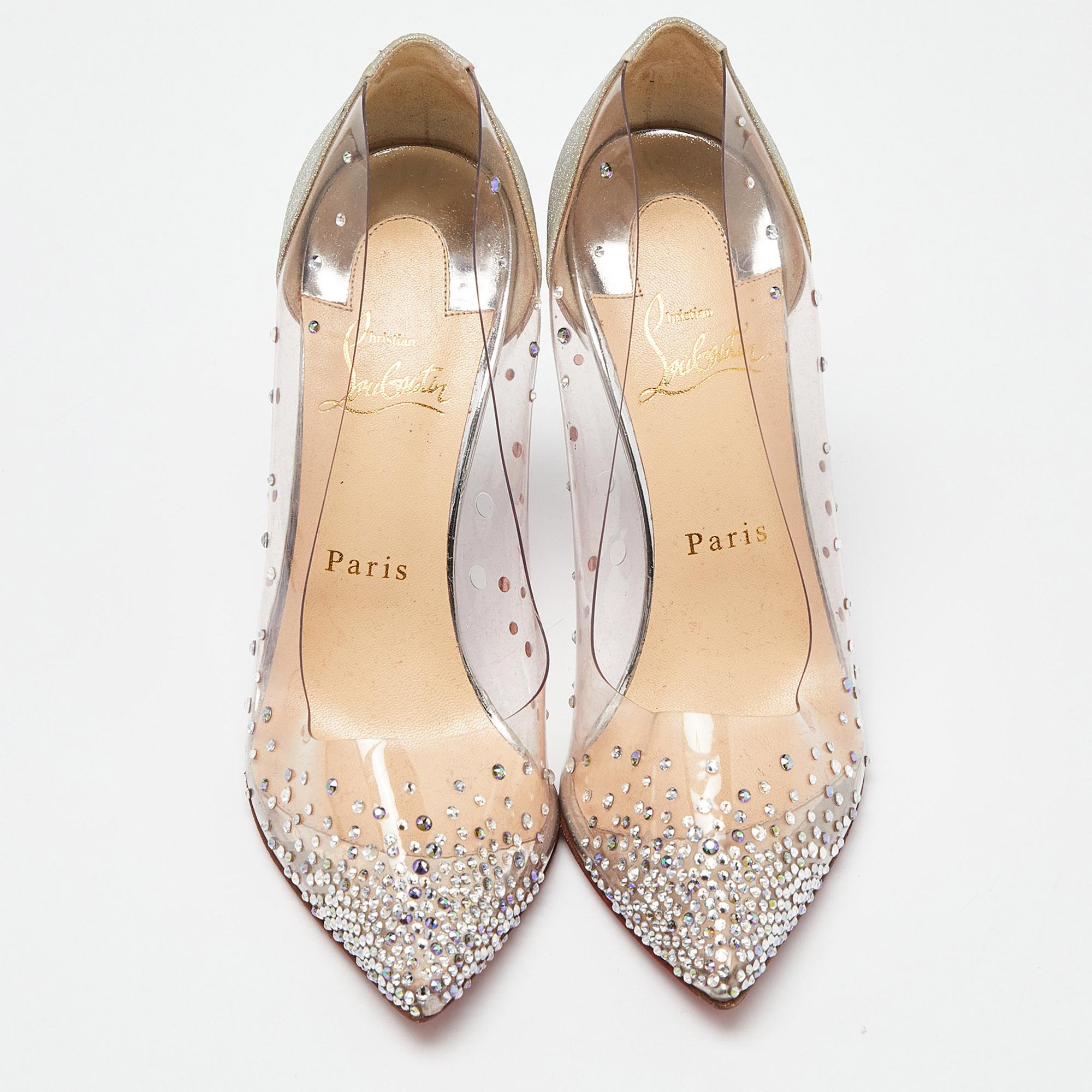Christian Louboutin Silver Glitter and PVC Degrastrass Embellished Pumps Size 38 In Excellent Condition In Dubai, Al Qouz 2